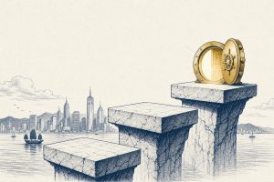 Illustration of rising stone steps over a harbor skyline, the top step holding an open vault, in flat editorial style