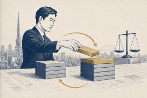 Editorial illustration of a corporate treasury selling a stack of assets and buying back a larger one, rendered as flat navy-and-gold blocks on paper