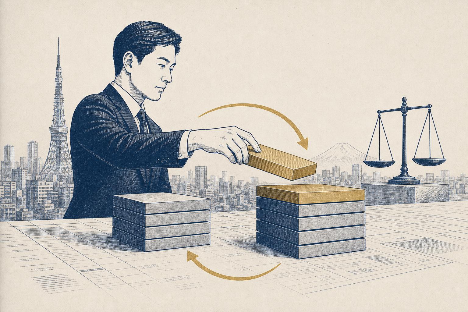 Editorial illustration of a corporate treasury selling a stack of assets and buying back a larger one, rendered as flat navy-and-gold blocks on paper