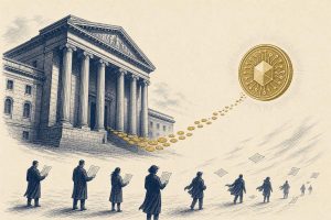 Editorial illustration of deposits flowing from a bank building toward a digital token