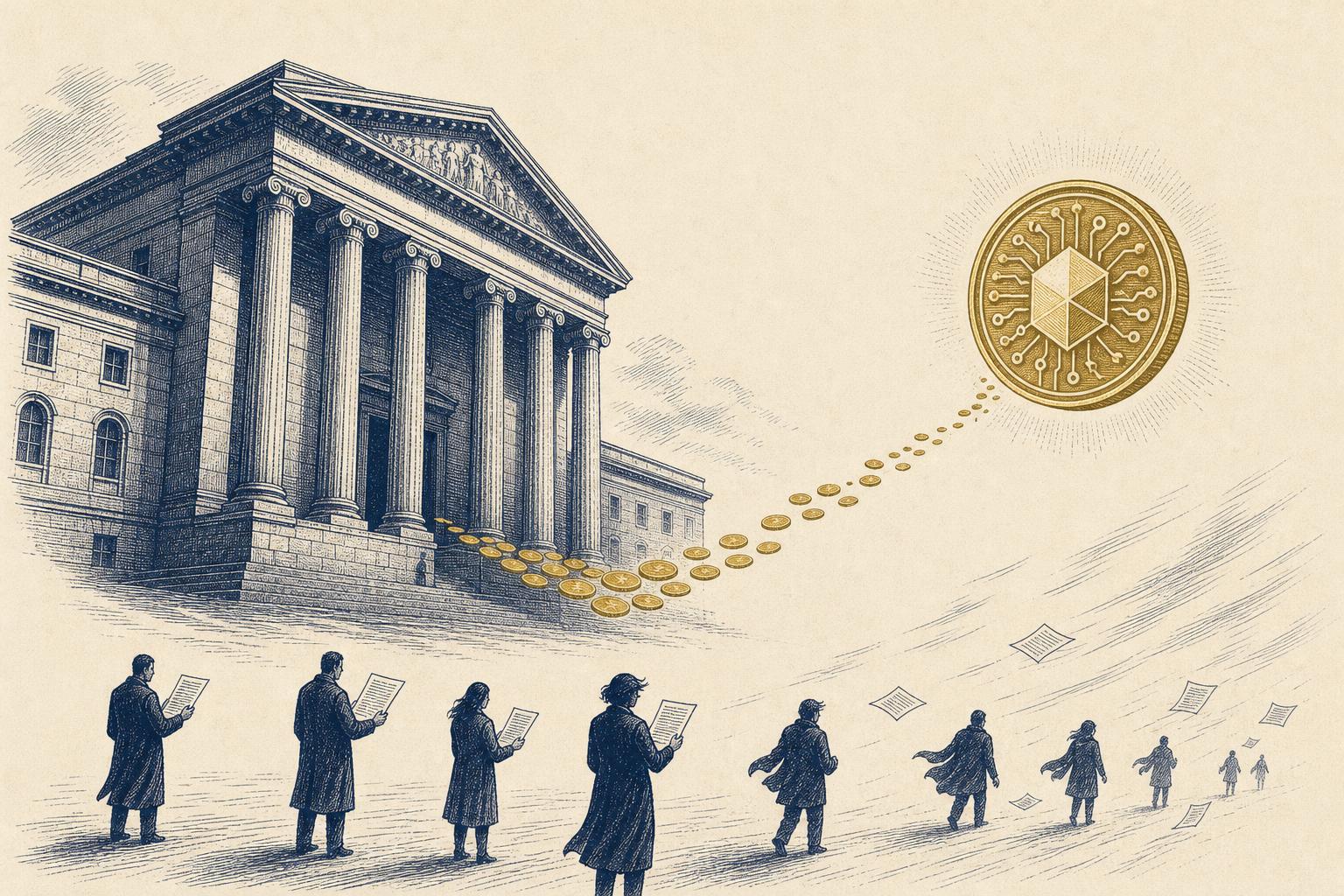 Editorial illustration of deposits flowing from a bank building toward a digital token