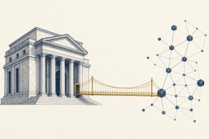 Illustration of a bank building connected by a gold bridge to a network of nodes