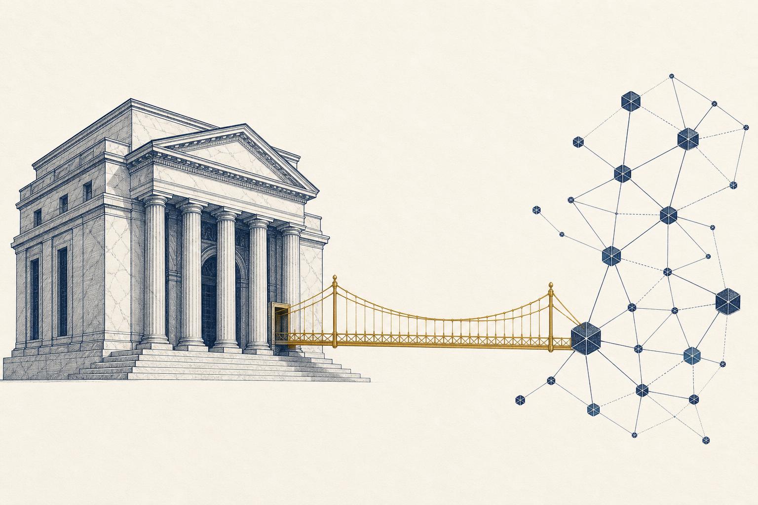 Illustration of a bank building connected by a gold bridge to a network of nodes