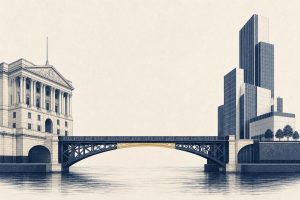 Illustration of a classical bank building and a modern tech tower linked by a bridge, in flat financial-daily editorial style