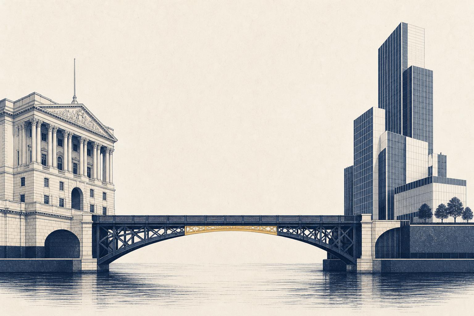 Illustration of a classical bank building and a modern tech tower linked by a bridge, in flat financial-daily editorial style
