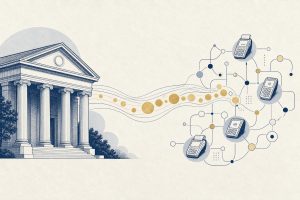 Editorial illustration of a bank building connected by flowing lines to a network of payment nodes