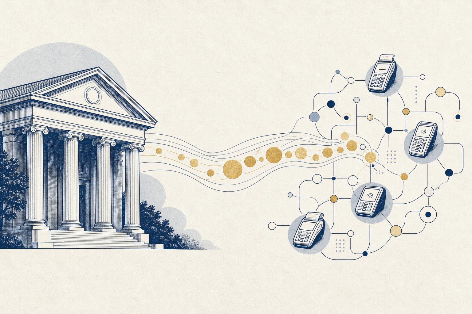 Editorial illustration of a bank building connected by flowing lines to a network of payment nodes