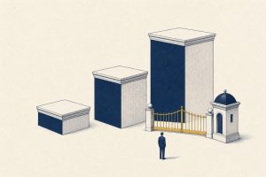 Editorial illustration of regulatory platforms of differing heights behind a barrier, representing proposed capital requirements for crypto exchanges