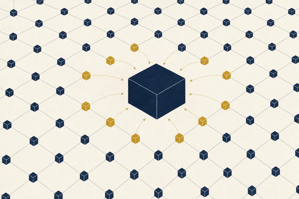 Editorial illustration of a single large block consolidating smaller blocks across a lattice, in ink navy and gold on an off-white ground