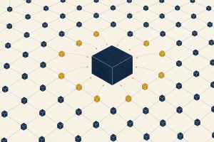 Editorial illustration of a single large block consolidating smaller blocks across a lattice, in ink navy and gold on an off-white ground