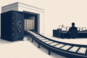 Editorial illustration of collateral certificates flowing from a vault toward a trading desk in a financial-daily style