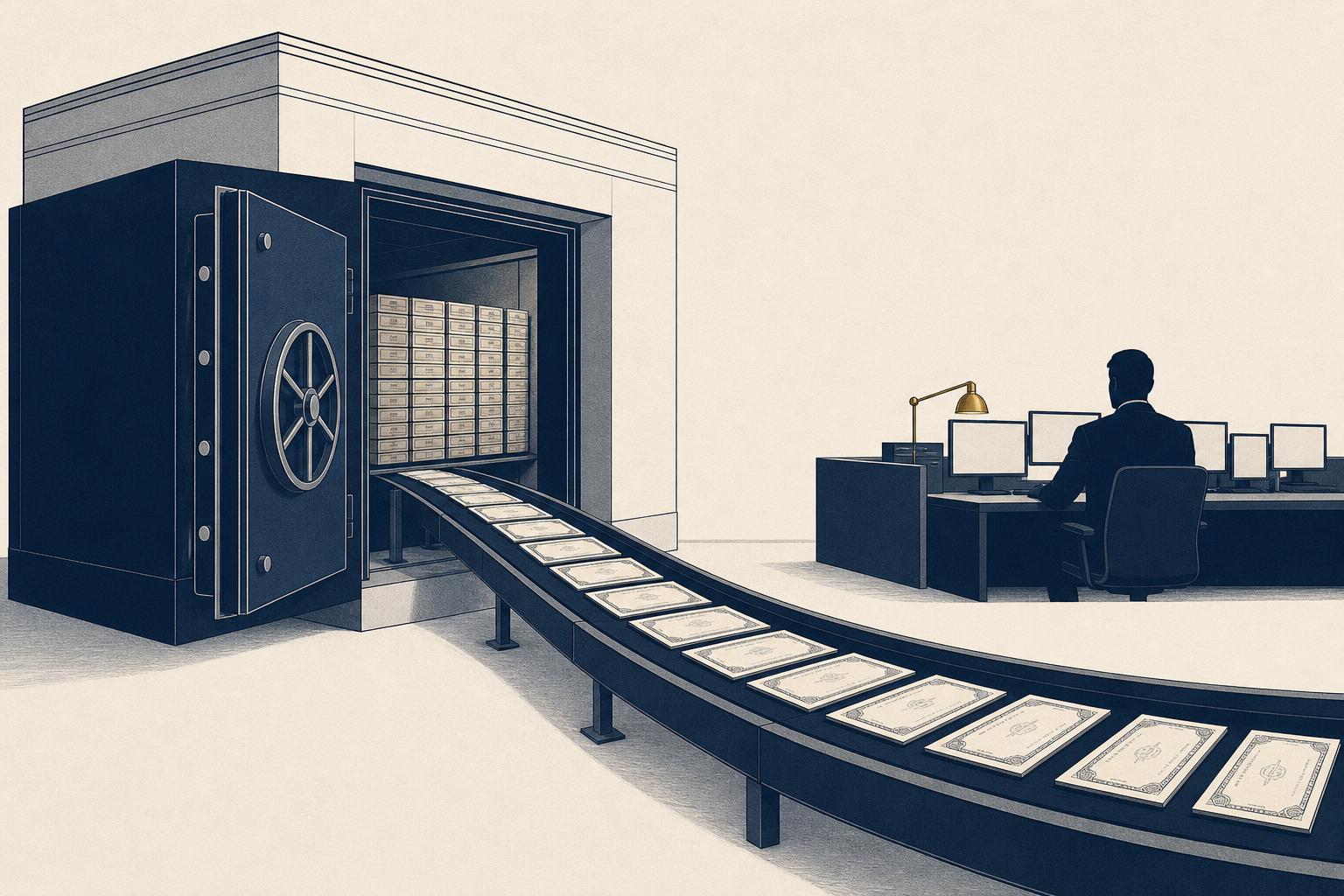 Editorial illustration of collateral certificates flowing from a vault toward a trading desk in a financial-daily style