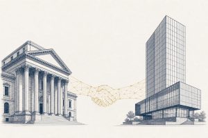 Editorial illustration of a classical bank building and a modern exchange tower connected by a thin gold bridge
