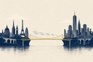 Editorial illustration of a transatlantic regulatory bridge connecting European and American financial capitals over calm water