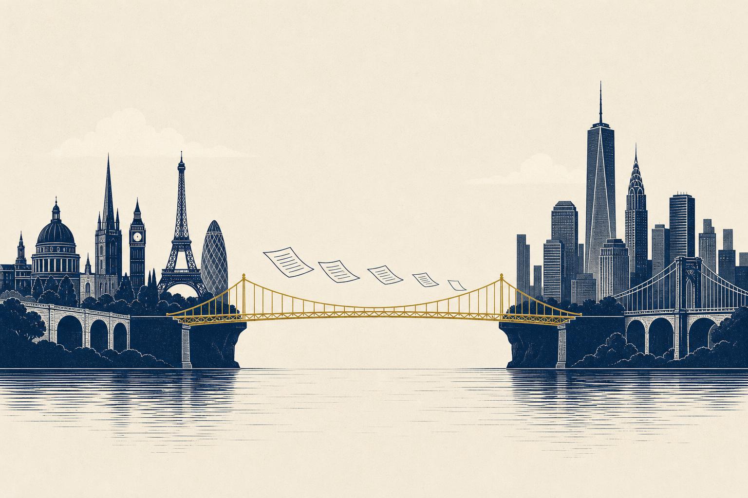 Editorial illustration of a transatlantic regulatory bridge connecting European and American financial capitals over calm water
