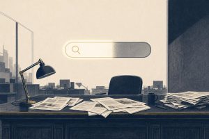 Editorial illustration of an empty newsroom desk under a dimmed search bar, symbolizing a news outlet losing search traffic
