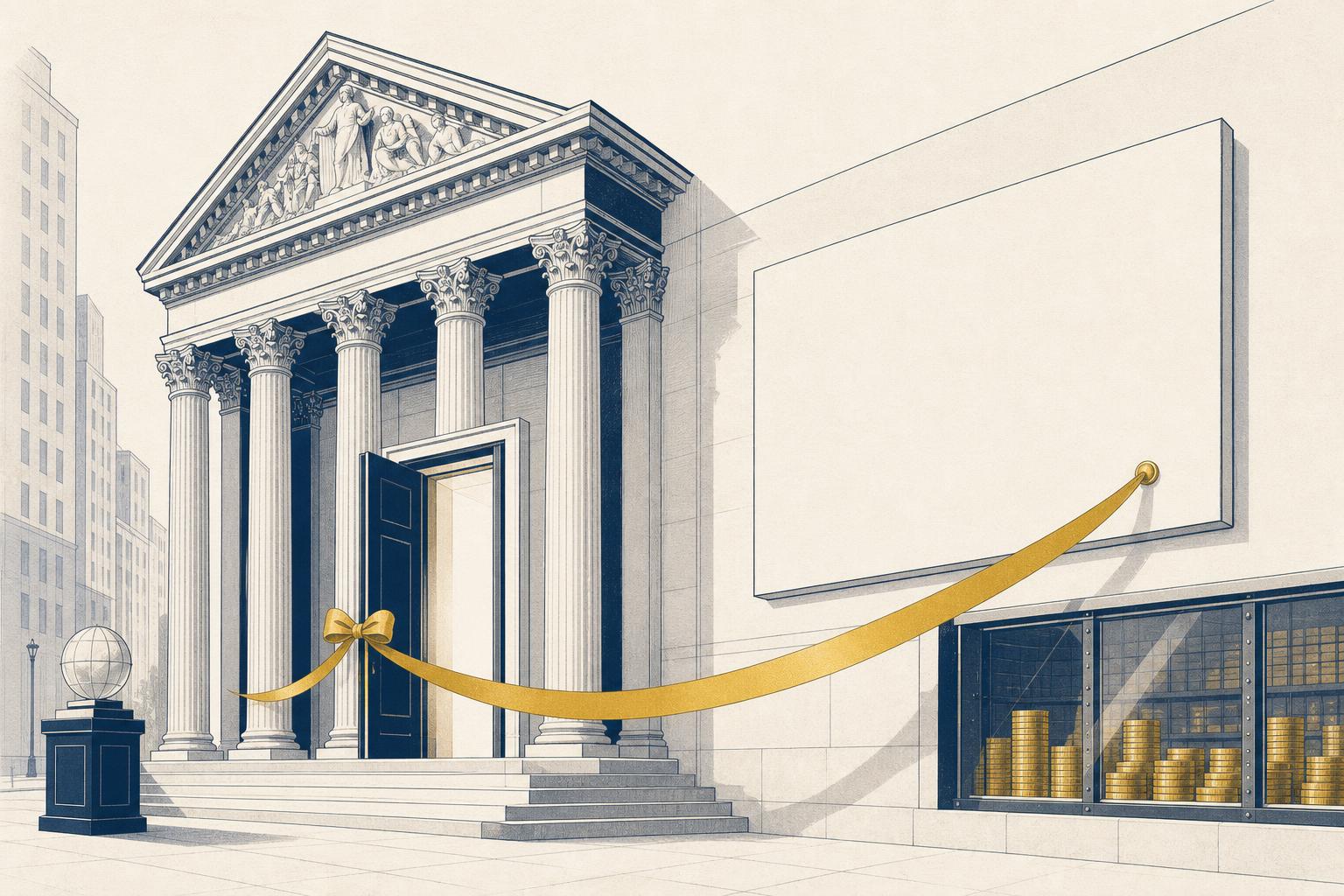Editorial illustration of a stock exchange listing, in flat navy and gold on an off-white ground