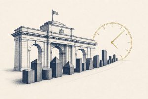 Illustration of financial firms passing through an official gateway toward a clock, rendered in a flat editorial style