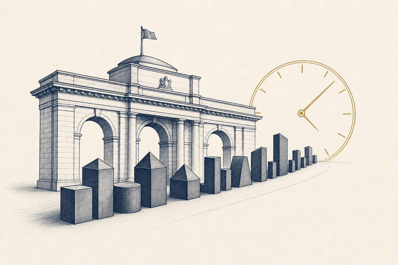 Illustration of financial firms passing through an official gateway toward a clock, rendered in a flat editorial style