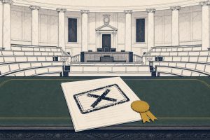 Editorial illustration of a French parliamentary committee chamber with a stamped amendment document on a green table, financial-daily style