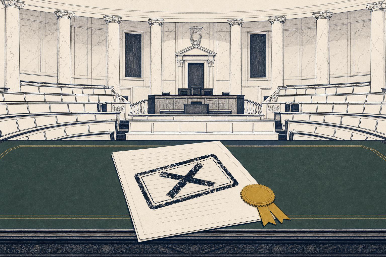 Editorial illustration of a French parliamentary committee chamber with a stamped amendment document on a green table, financial-daily style