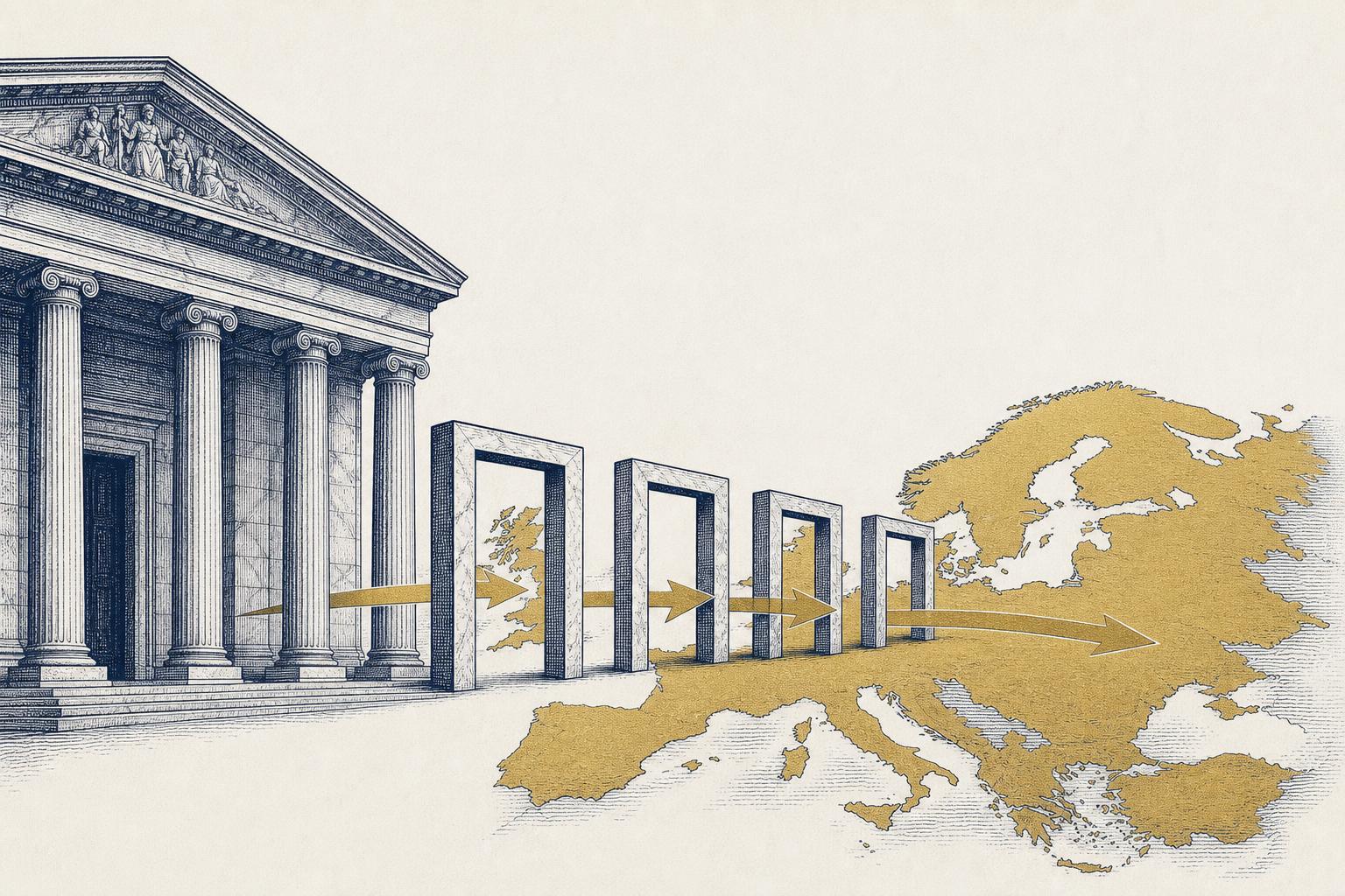Illustration of a neoclassical building beside four gateway arches opening onto a stylized map of Europe