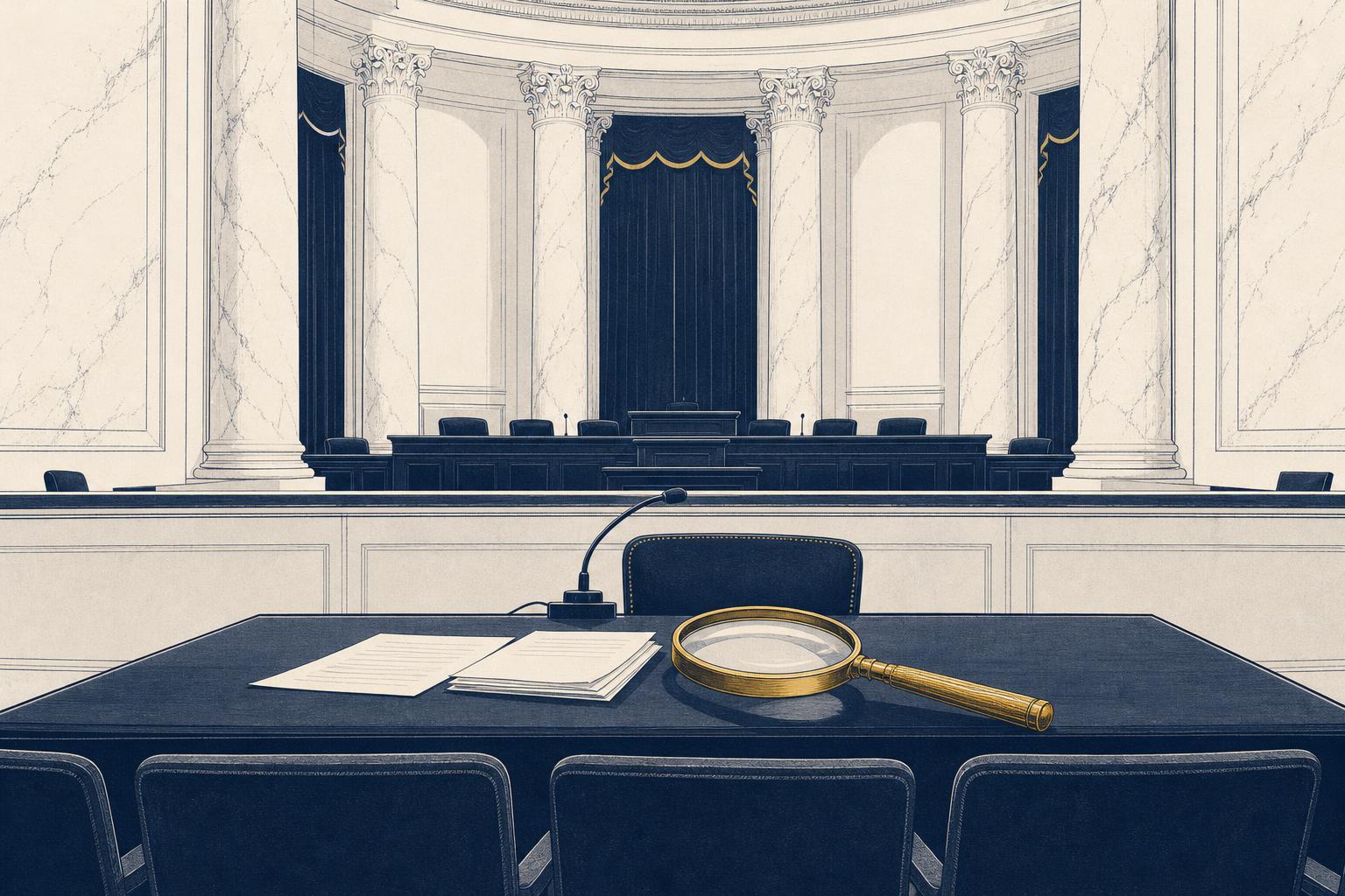 Illustration of a government hearing room with an empty witness table, a magnifying glass casting a long shadow over documents.