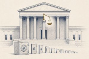 Editorial illustration of a courthouse with classical columns and a balance scale, evoking a court challenge to a banking regulator