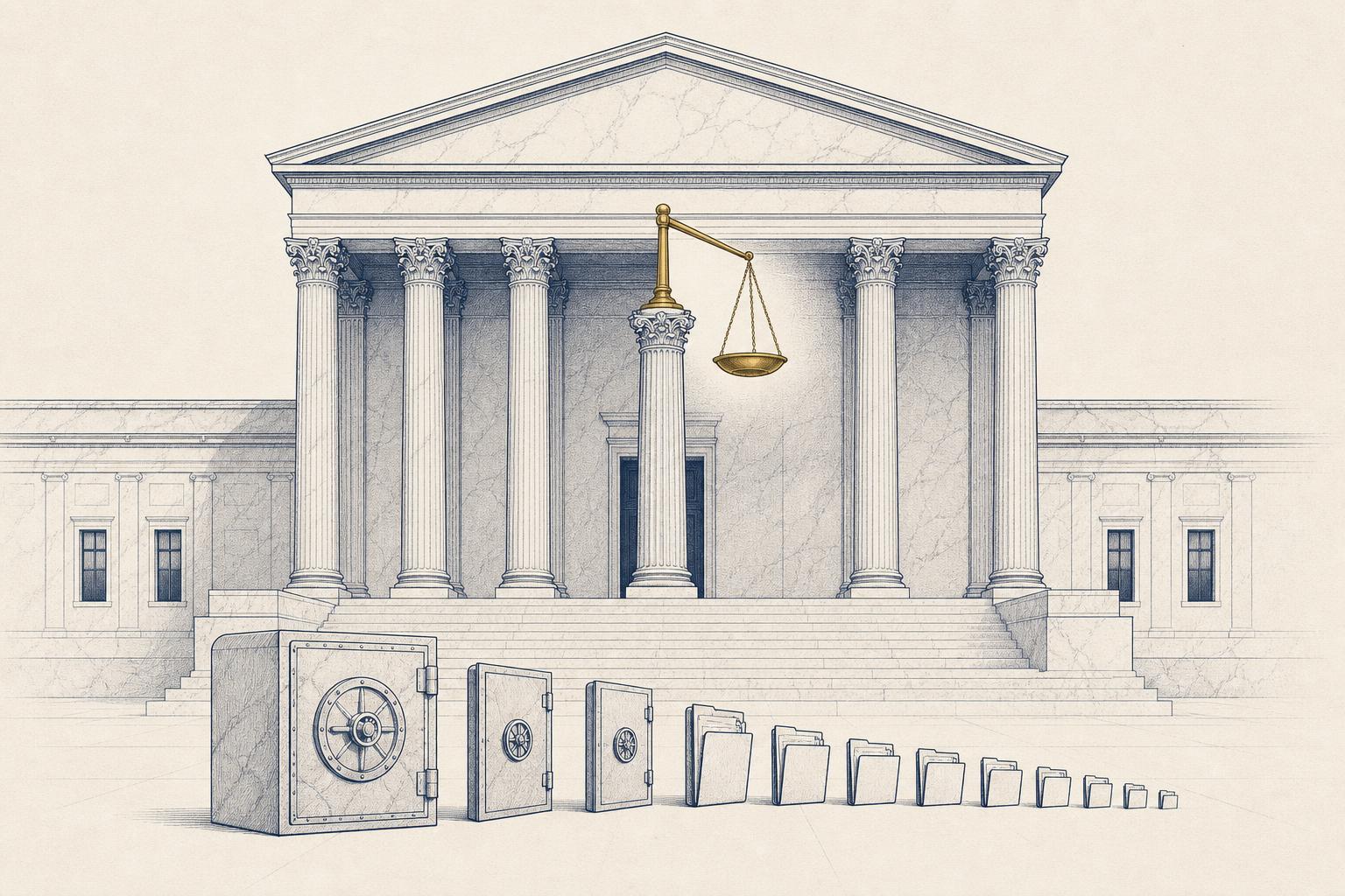 Editorial illustration of a courthouse with classical columns and a balance scale, evoking a court challenge to a banking regulator