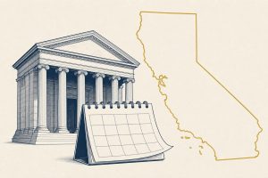 Editorial illustration of a courthouse with columns beside a calendar page turned forward, in flat navy and gold on off-white