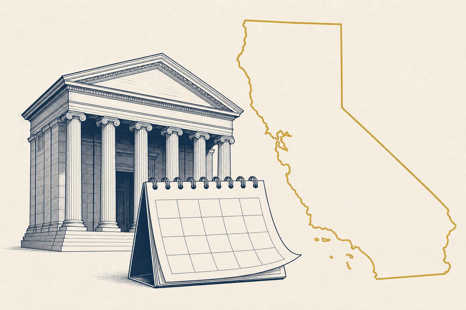 Editorial illustration of a courthouse with columns beside a calendar page turned forward, in flat navy and gold on off-white