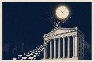 Editorial illustration of a classical stock exchange at night under a clock face, with tiles splitting into fragments, symbolizing 24/7 fractional trading of tokenized stocks
