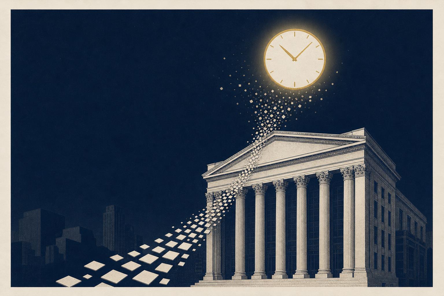 Editorial illustration of a classical stock exchange at night under a clock face, with tiles splitting into fragments, symbolizing 24/7 fractional trading of tokenized stocks
