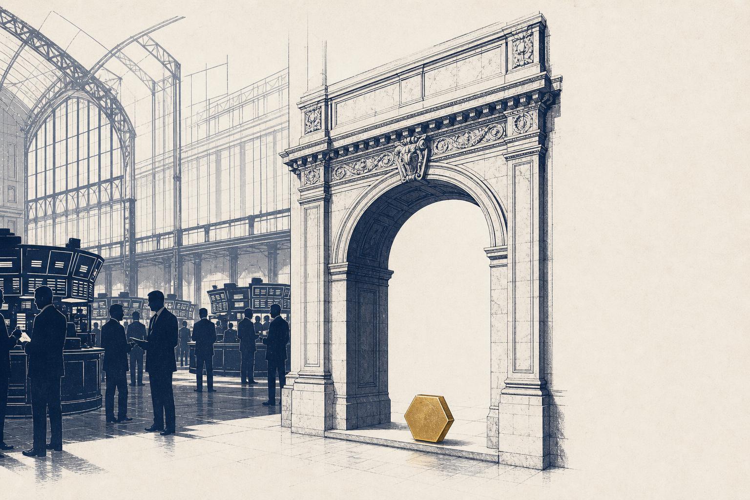 Editorial illustration of a trading hall entrance with a single gold hexagonal token at the threshold