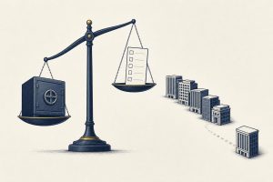 Editorial illustration of a balancing scale weighing a company against an eligibility checklist, with building silhouettes drifting out of an index column
