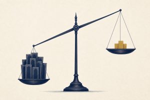 Illustration of a balance scale with a few small gold weights outweighed by a cluster of tall navy bars