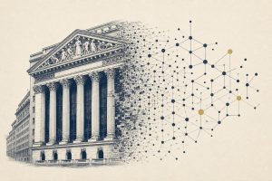 Illustration of a classical stock exchange facade dissolving into a network of connected nodes, symbolizing tokenized equities moving onchain