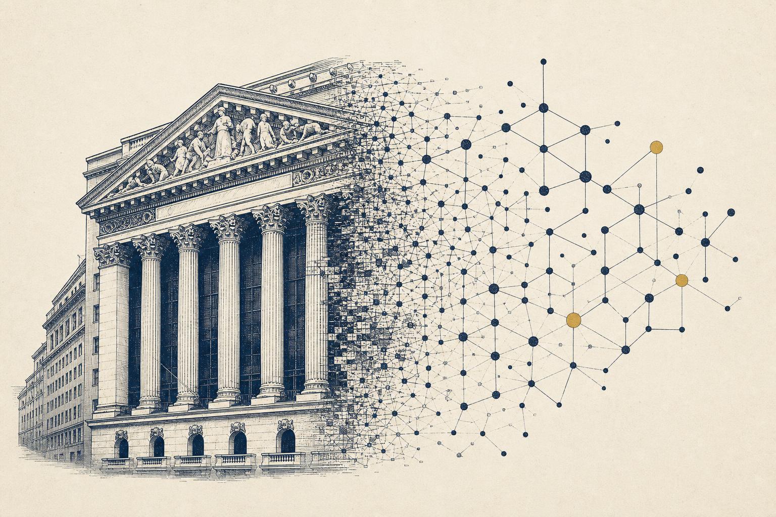 Illustration of a classical stock exchange facade dissolving into a network of connected nodes, symbolizing tokenized equities moving onchain