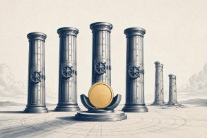 Editorial illustration of five columns backing a new dollar token while two older columns recede