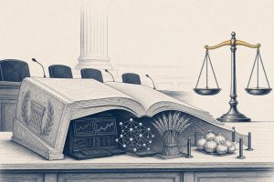 Editorial illustration of an open statute book on a hearing table, its pages covering market objects while a small bundle of onions sits walled off behind a barrier line, beside a balance scale