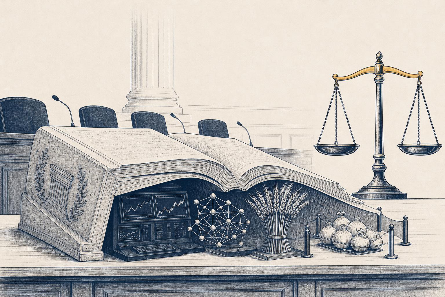 Editorial illustration of an open statute book on a hearing table, its pages covering market objects while a small bundle of onions sits walled off behind a barrier line, beside a balance scale