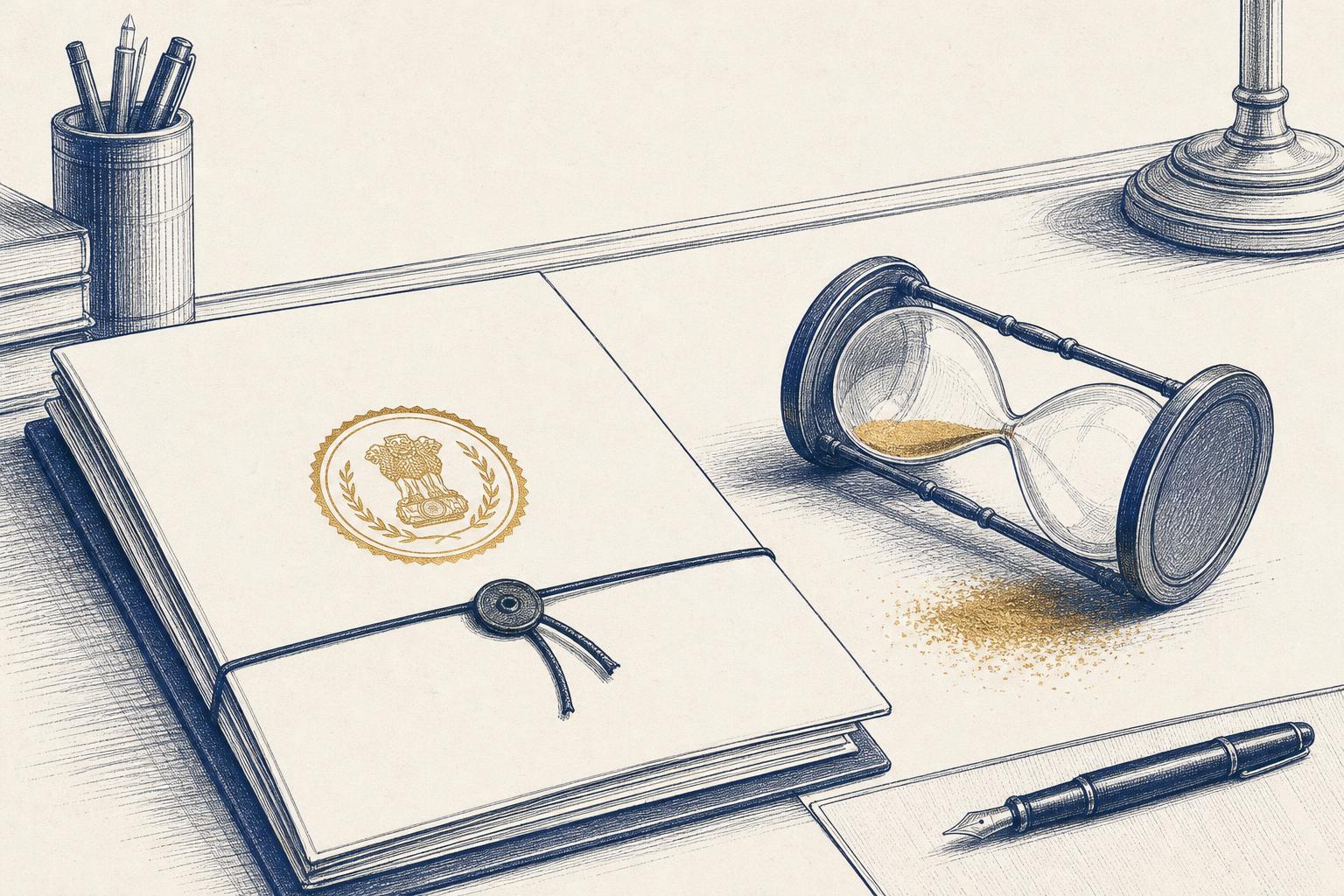 Editorial illustration of a government notice folder set aside beside an overturned hourglass with spent sand