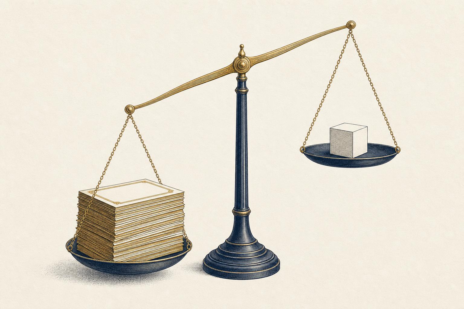 Editorial illustration of a balance scale with a heavy stack of share certificates outweighing a single small block