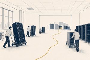 Editorial illustration of server racks being carried out of a data center toward a network hub