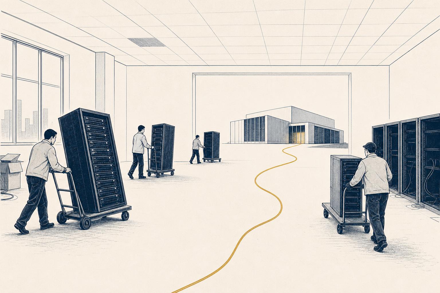 Editorial illustration of server racks being carried out of a data center toward a network hub