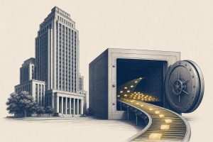 Editorial illustration of a corporate tower beside a treasury compartment filling with glowing chips, in a flat financial-daily style