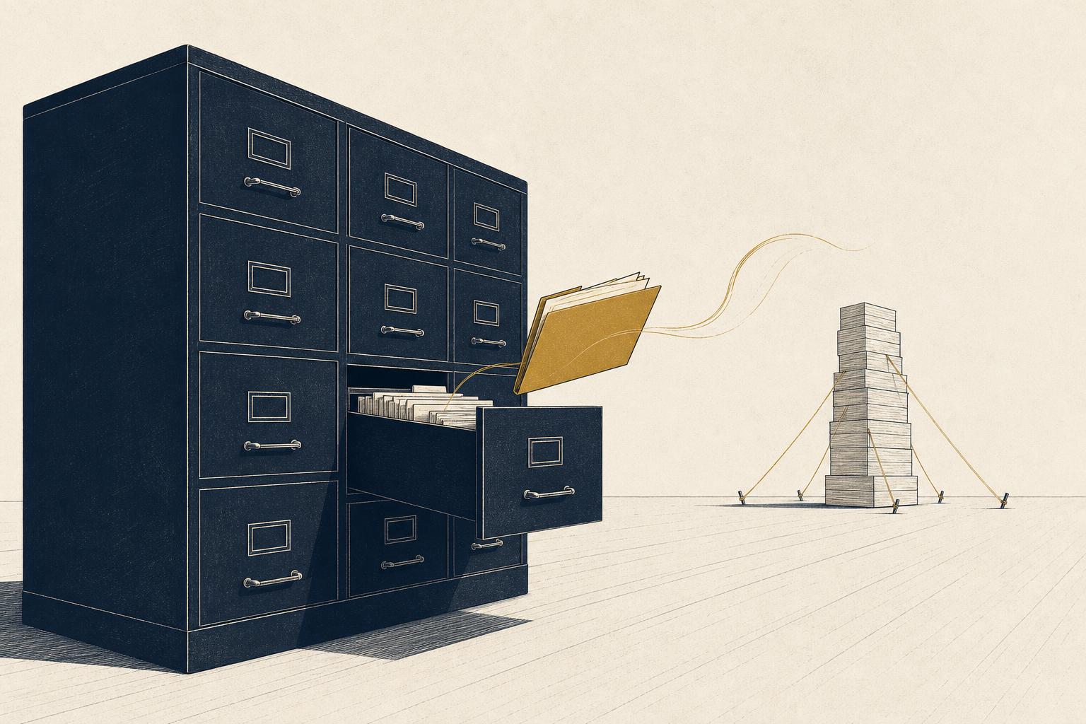 Editorial illustration of a filing drawer being emptied, a metaphor for a withdrawn SEC ETF registration