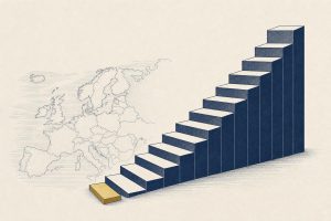 Editorial illustration of an ascending stepped ladder of blocks, one low block highlighted in gold, symbolizing a comparison of European crypto tax rates